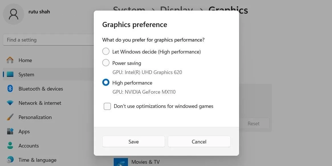 Tùy chọn cài đặt ưu tiên card đồ họa trong Windows 11.
