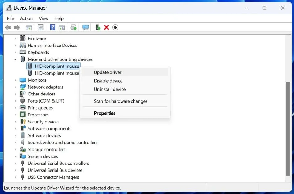 Tùy chọn cập nhật driver chuột trong cửa sổ Device Manager