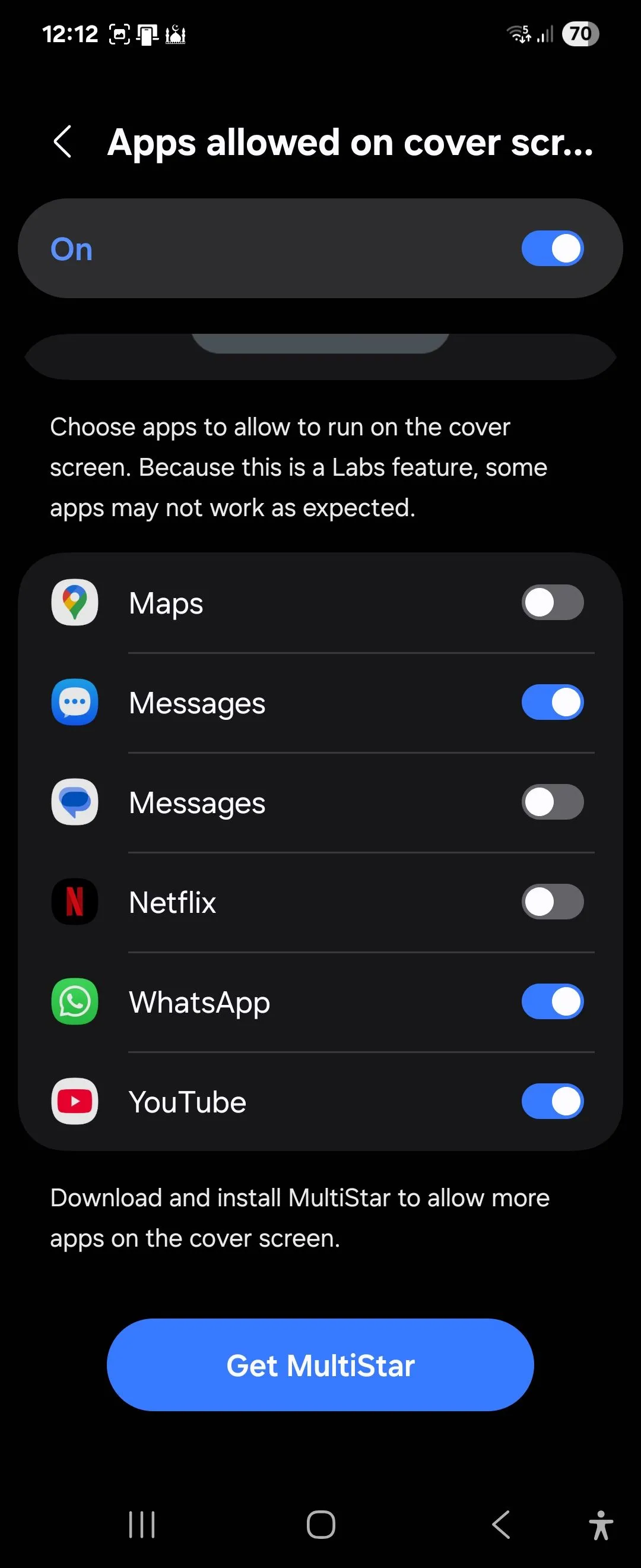Tùy chọn cho phép ứng dụng trên màn hình phụ (Apps allowed on cover screen) trong One UI 7 của Samsung Galaxy Z Flip 6