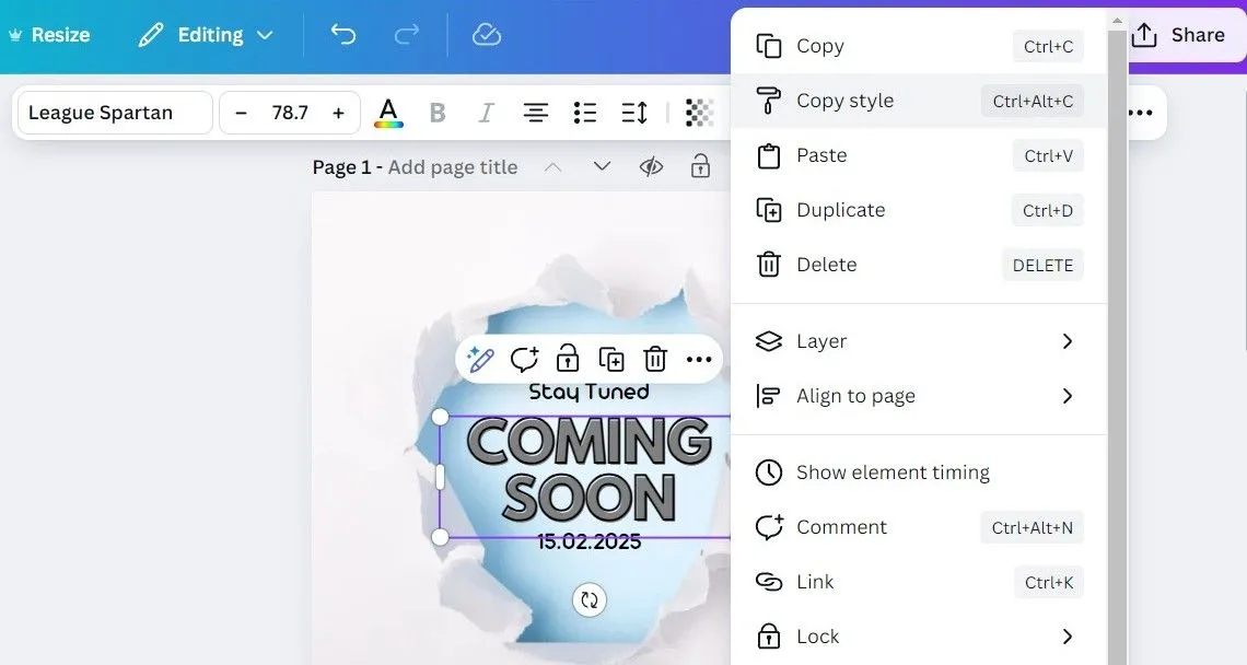 Tùy chọn &quot;Copy Style&quot; hiển thị khi nhấp chuột phải, giúp sao chép nhanh định dạng từ một yếu tố trong Canva.