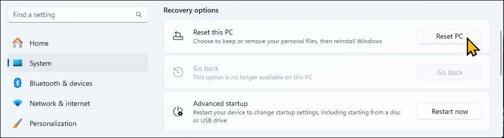 Tùy chọn đặt lại PC trong ứng dụng Cài đặt trên Windows 11