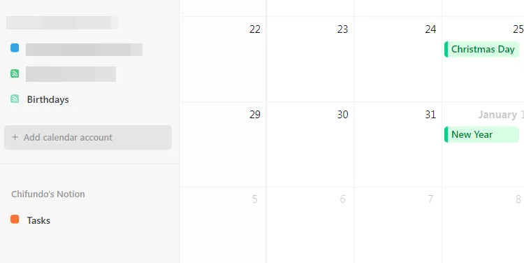 Tùy chọn để thêm tài khoản lịch trong Notion Calendar