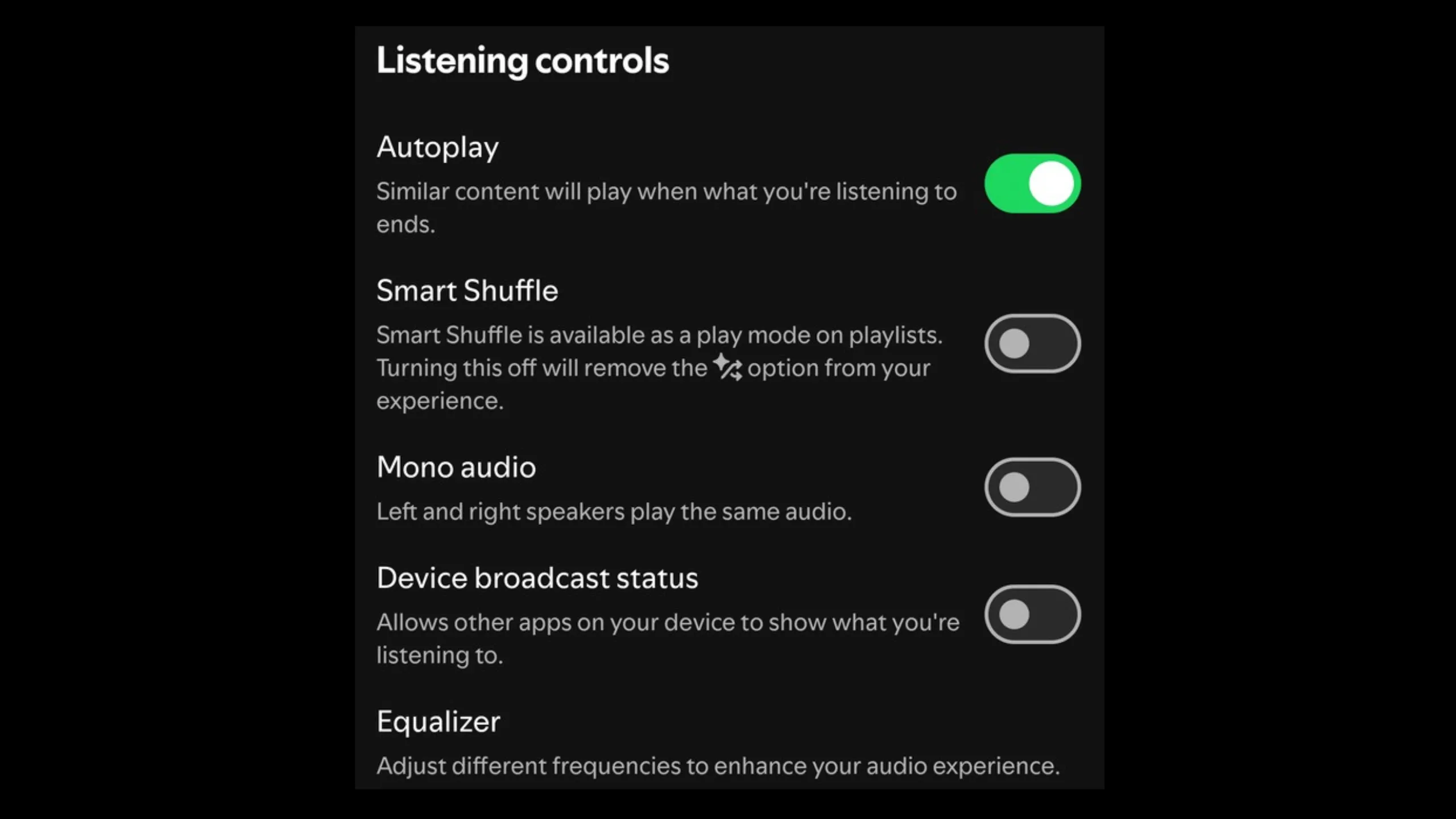 Tùy chọn điều khiển nghe nhạc (Listening Controls) với cài đặt Smart Shuffle trong Spotify