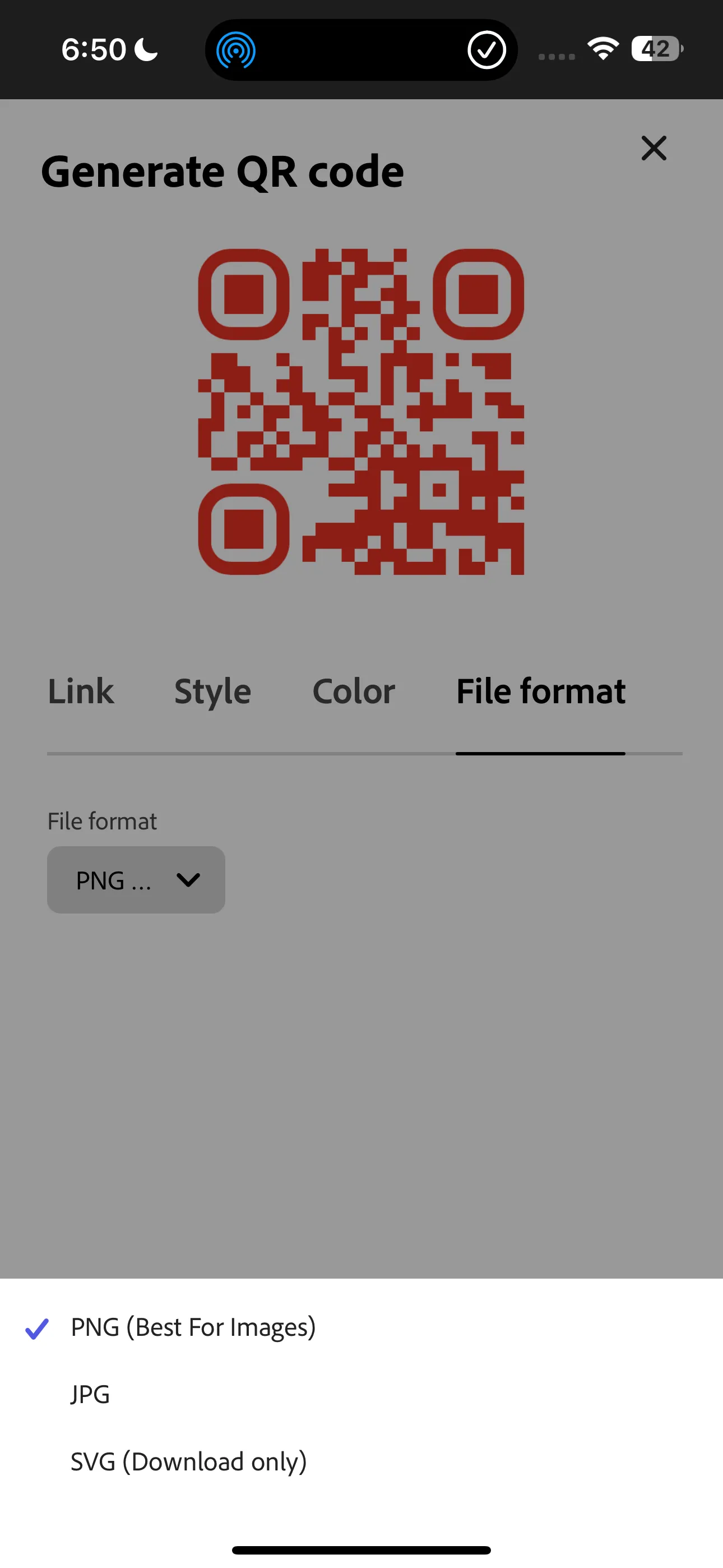 Tùy chọn định dạng tệp đầu ra (PNG, JPG, SVG) khi tạo mã QR trong Adobe Express
