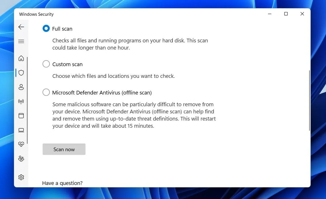 Tùy chọn &quot;Full scan&quot; (Quét toàn bộ) được chọn trong ứng dụng Windows Security