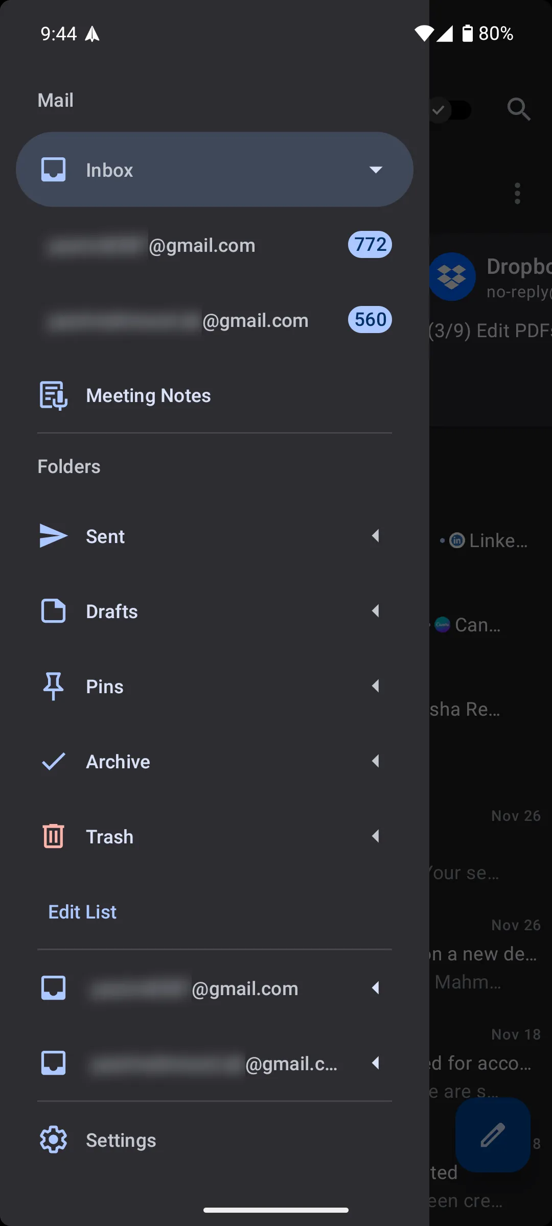 Tùy chọn ghi chú cuộc họp (Meeting Notes) được tích hợp trong thanh điều hướng của Spark Mail, giúp truy cập nhanh các ghi chú quan trọng.
