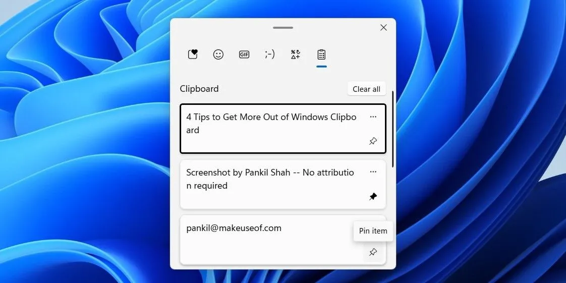 Tùy chọn ghim mục trong ứng dụng Clipboard Windows 11
