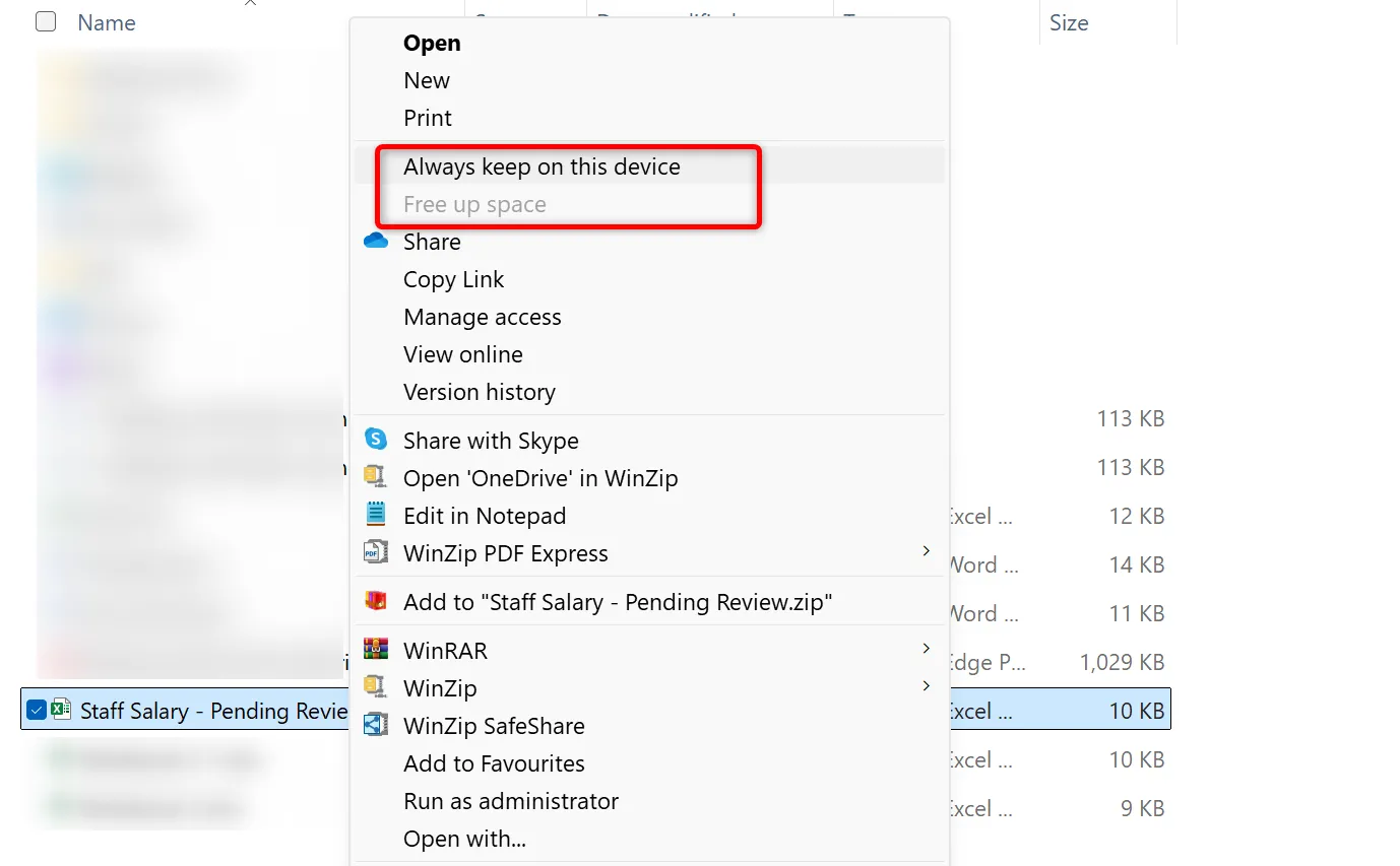 Tùy chọn giải phóng dung lượng hoặc giữ tệp OneDrive trên thiết bị.