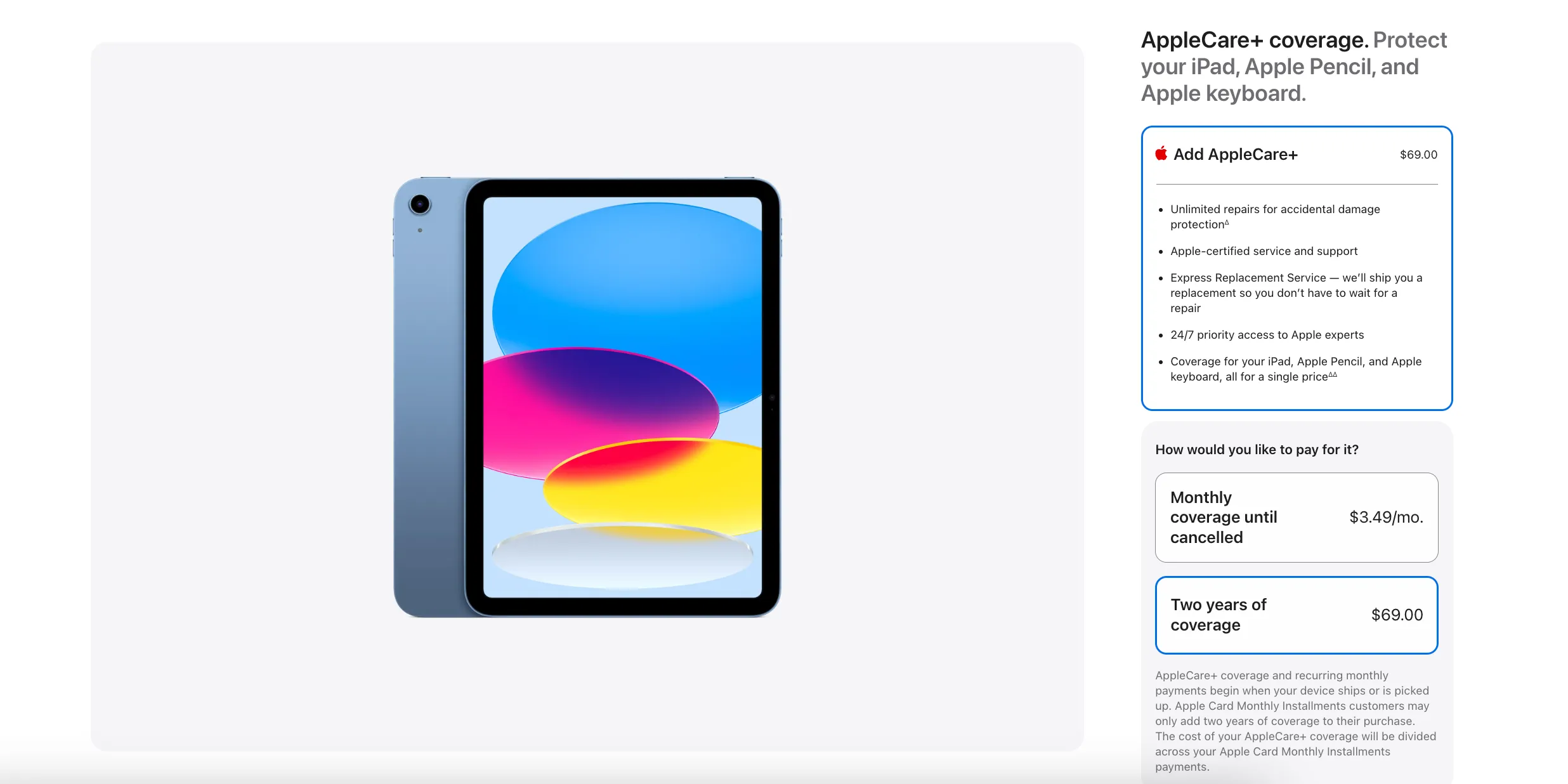 Tùy chọn gói bảo hiểm AppleCare+ cho iPad trên website Apple