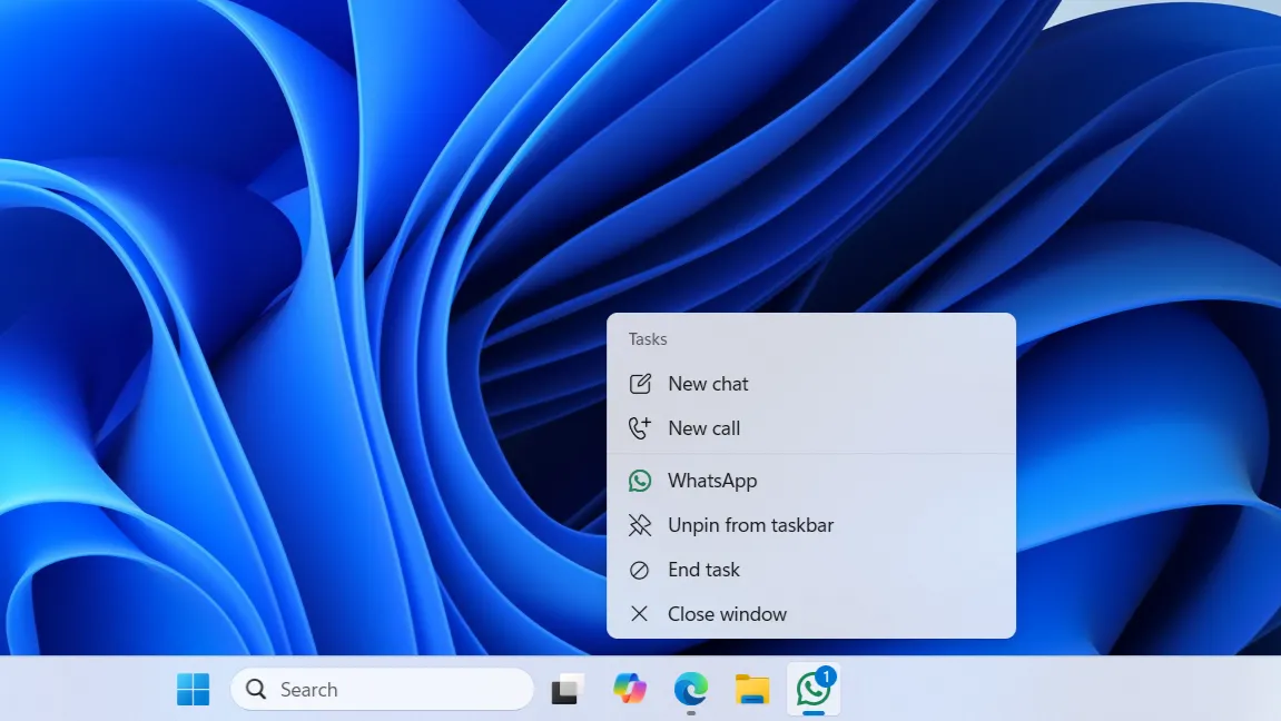Tùy chọn Kết thúc tác vụ trên thanh Taskbar Windows 11 cho ứng dụng WhatsApp bị treo