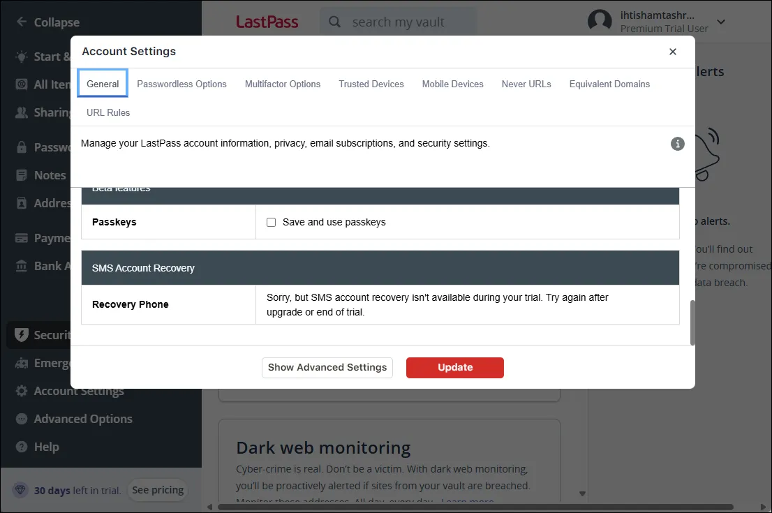Tùy chọn khôi phục tài khoản trong giao diện web của LastPass, giúp người dùng lấy lại quyền truy cập khi quên mật khẩu chính.