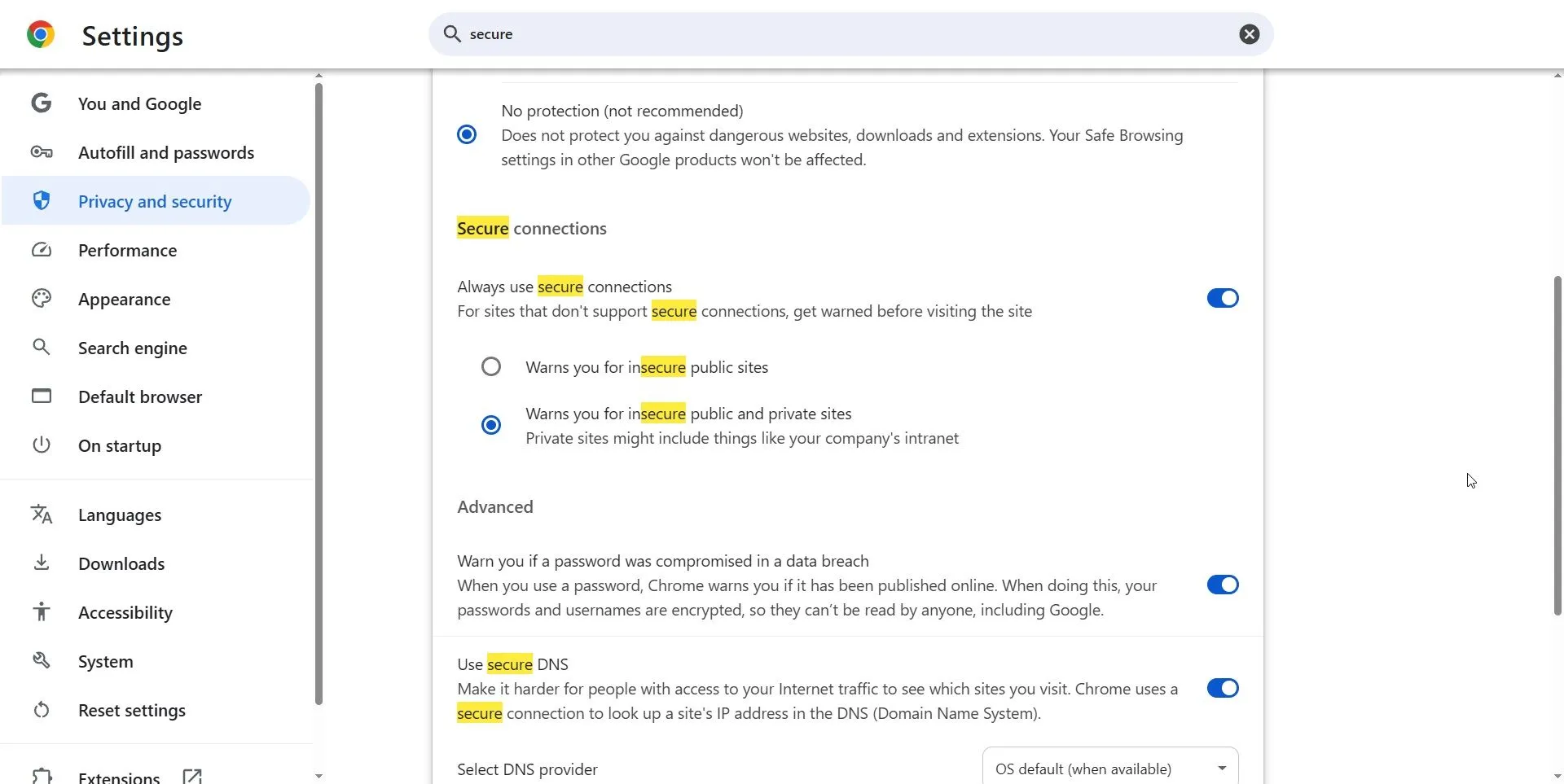 Tùy chọn &quot;Luôn sử dụng kết nối bảo mật&quot; trong cài đặt Chrome