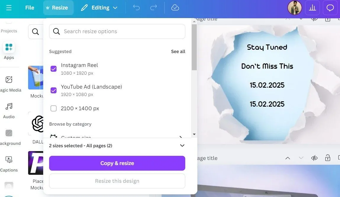 Tùy chọn &quot;Magic Resize&quot; trong Canva Pro, giúp điều chỉnh kích thước thiết kế tự động cho nhiều nền tảng.