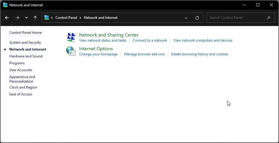 Tùy chọn Mạng và Internet trong Bảng điều khiển trên Windows 11