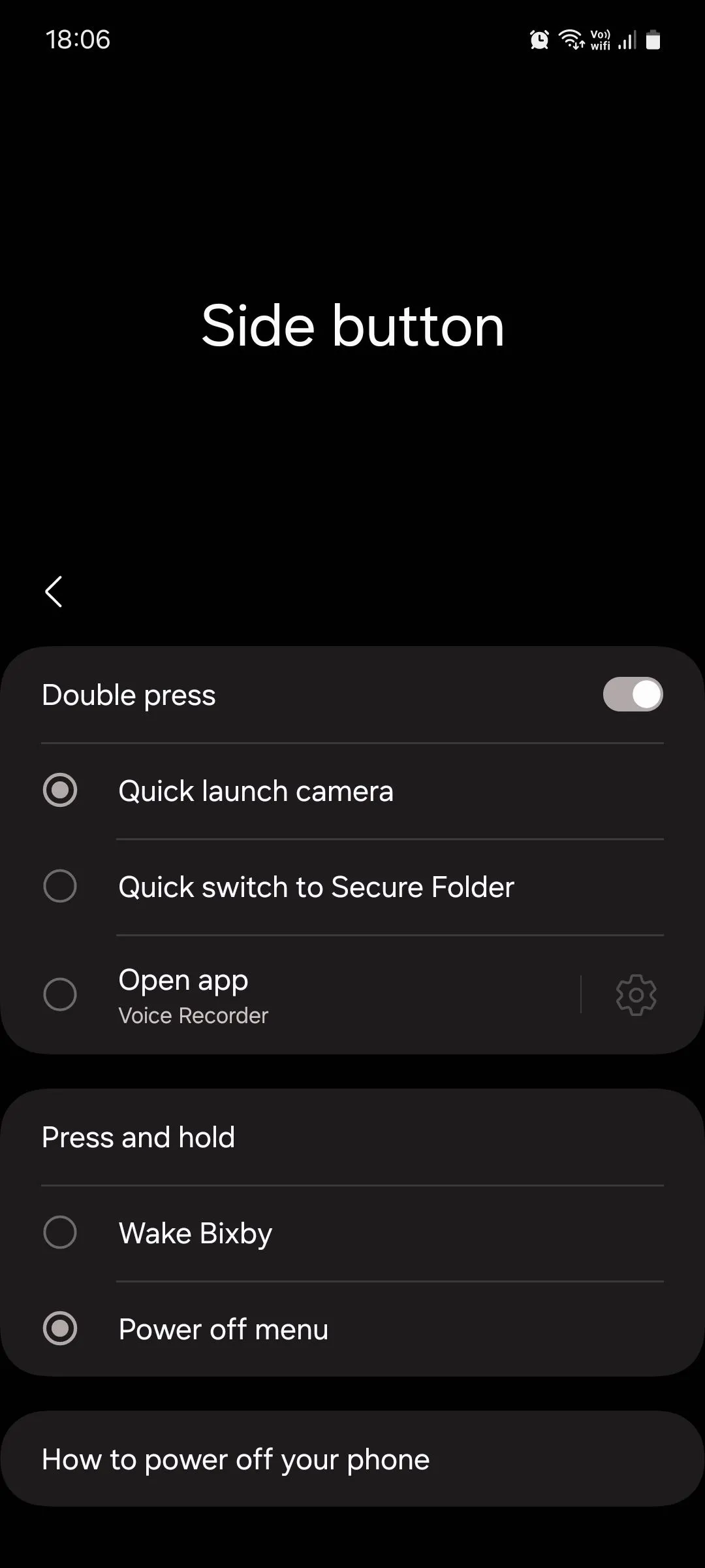 Tùy chọn menu Tắt nguồn cho nút cạnh trong cài đặt Samsung One UI