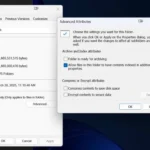 Tùy chọn nén file trong File Explorer trên Windows 11, hiển thị cửa sổ Advanced Attributes với hộp kiểm "Compress contents to save disk space".