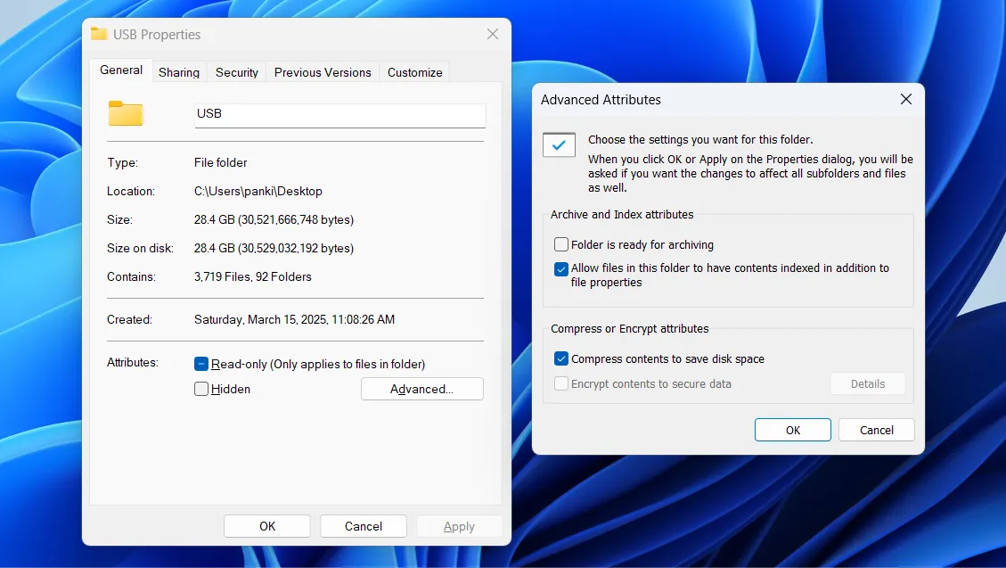 Tùy chọn nén nội dung để tiết kiệm dung lượng trong cửa sổ thuộc tính thư mục trên Windows 11