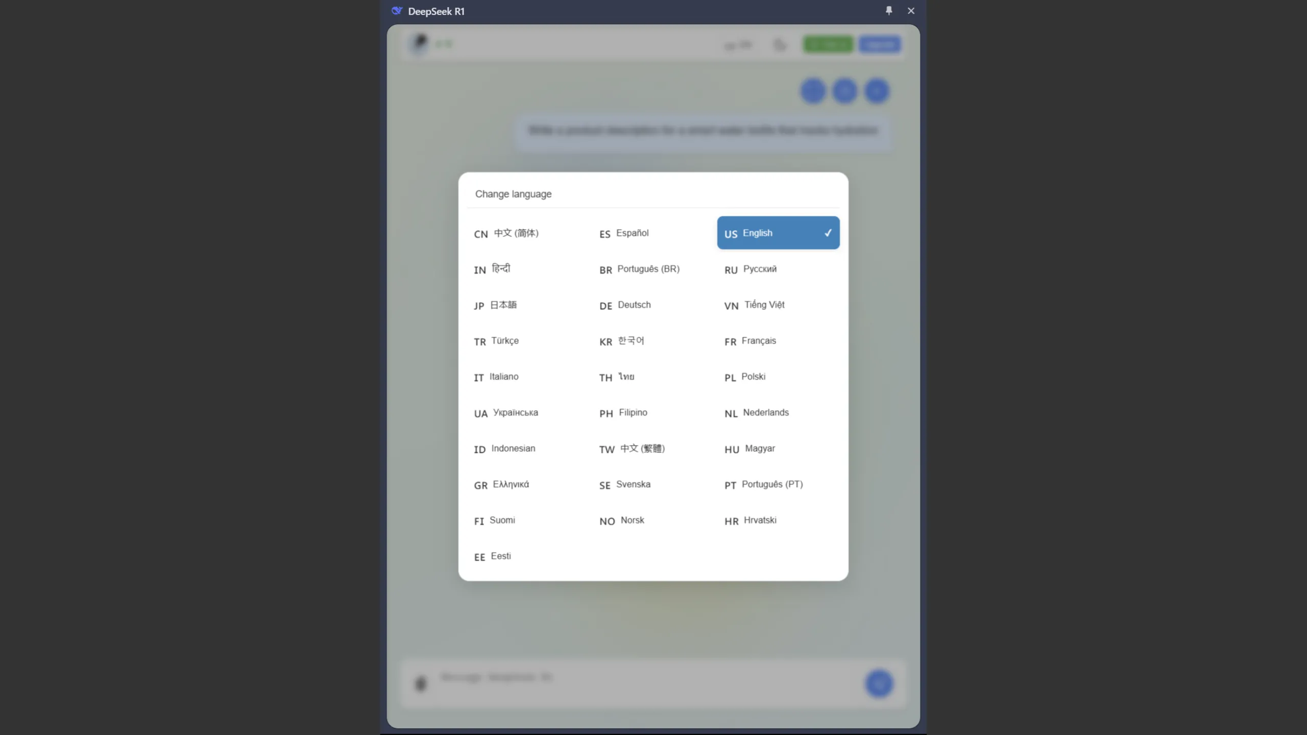 Tùy chọn ngôn ngữ của tiện ích DeepSeek AI Chrome của fadelmalnab