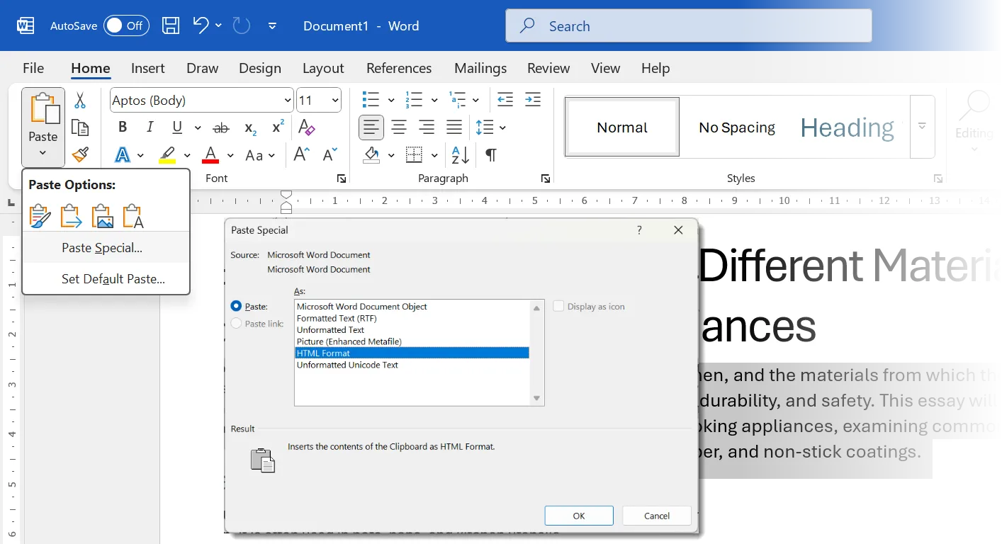 Tùy chọn Paste trong Microsoft Word