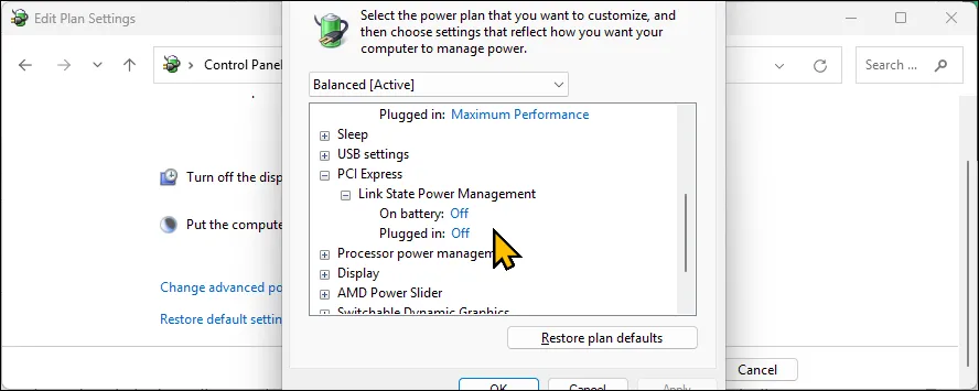 Tùy chọn quản lý nguồn trạng thái liên kết PCI Express trong Power Options trên Windows 11