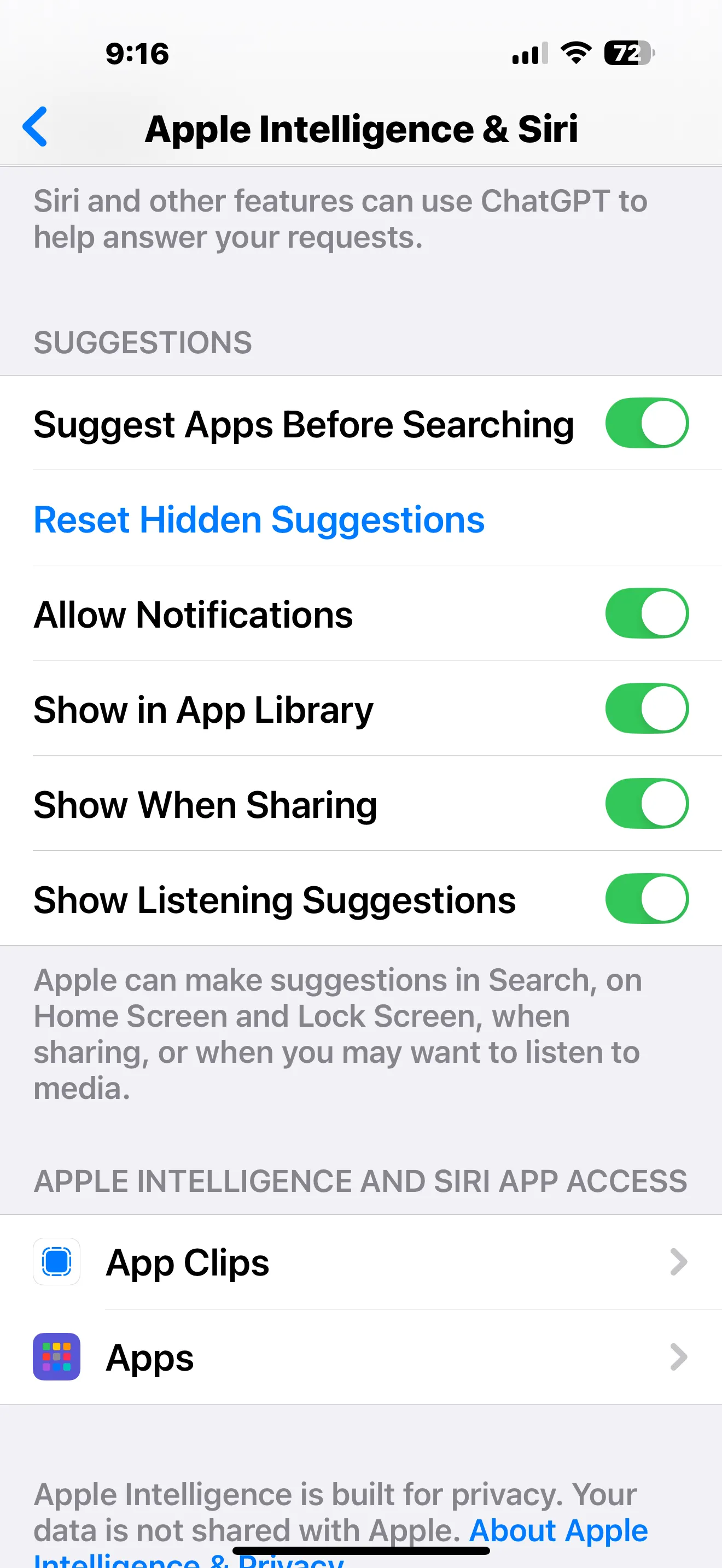 Tùy chọn quyền truy cập ứng dụng của Apple Intelligence trong cài đặt trên iPhone