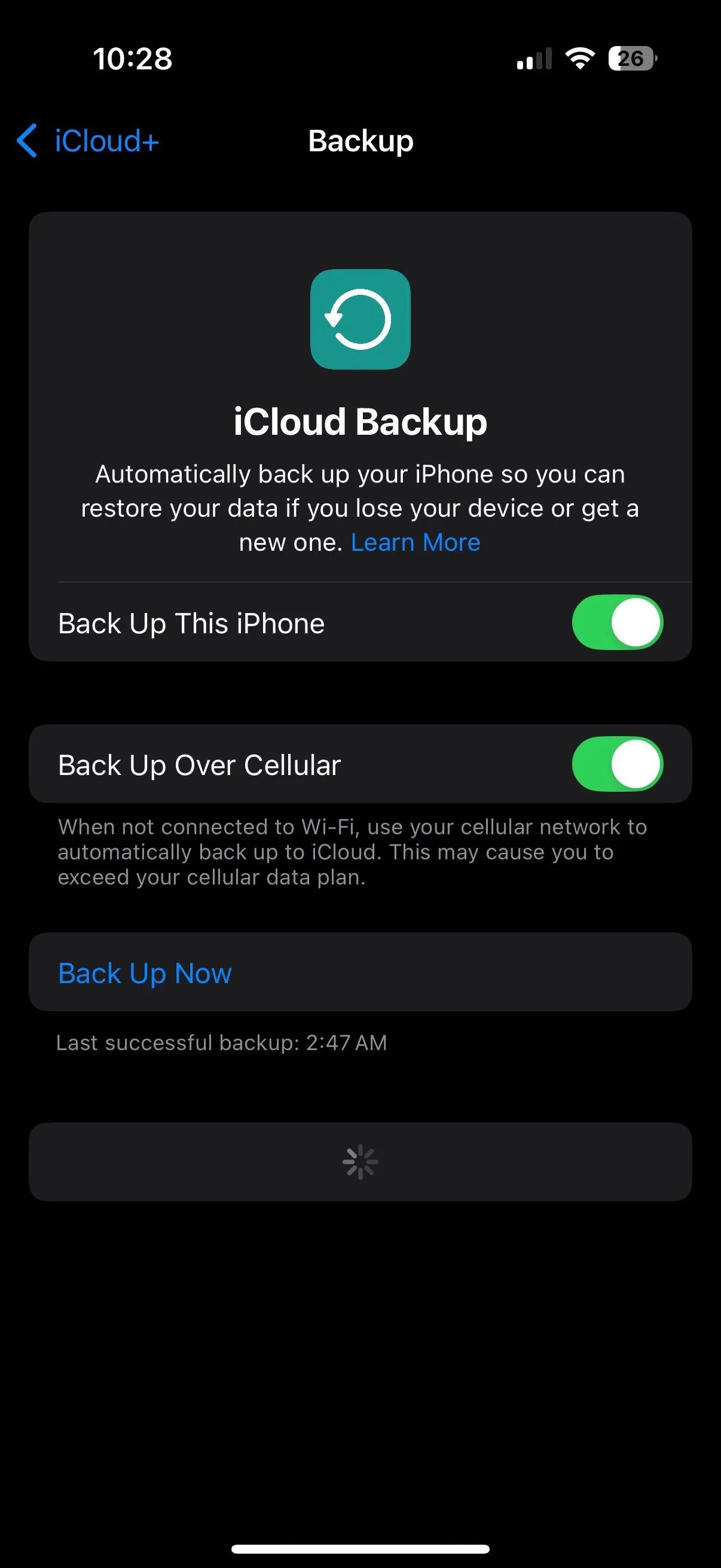 Tùy chọn sao lưu dữ liệu iPhone qua mạng di động trong cài đặt iCloud