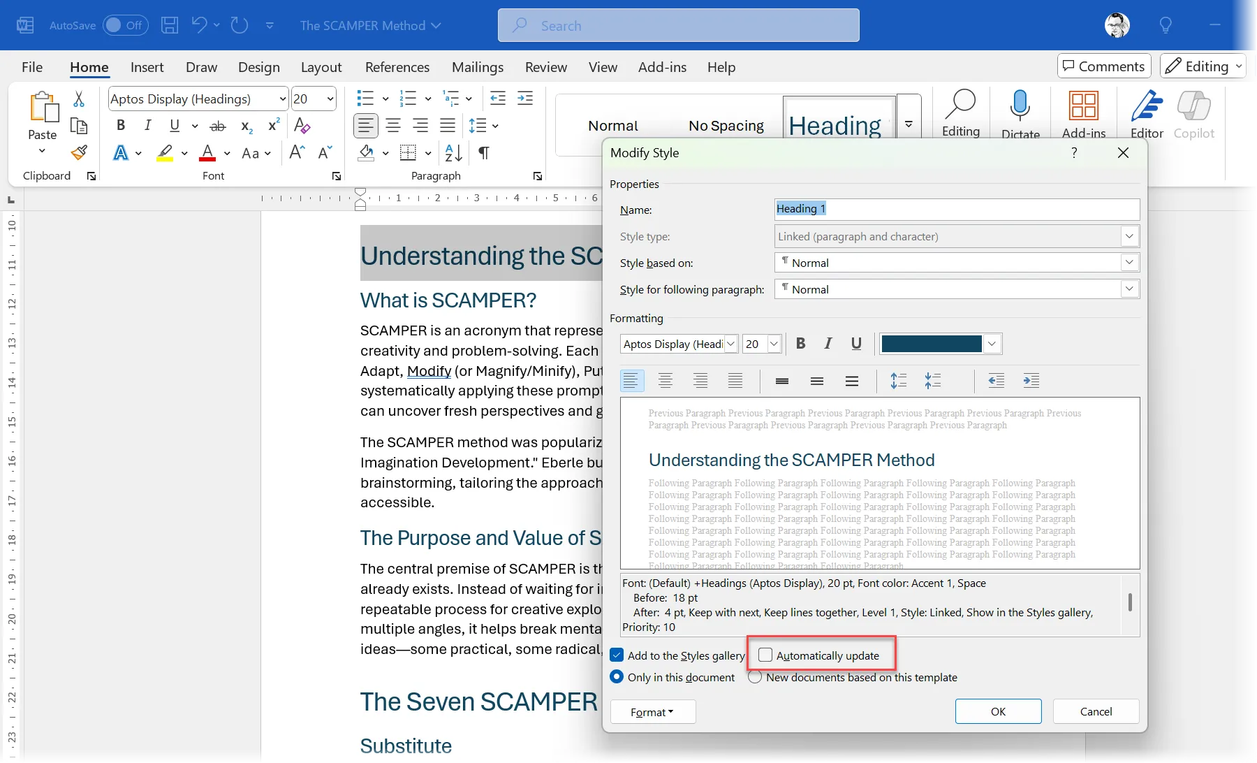 Tùy chọn Styles trong Microsoft Word: Tắt Tự Động Cập Nhật