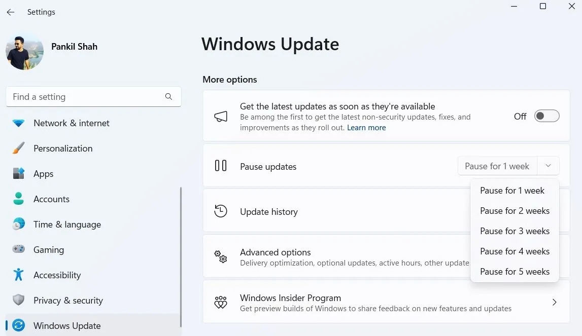 Tùy chọn Tạm dừng cập nhật Windows trong ứng dụng Cài đặt