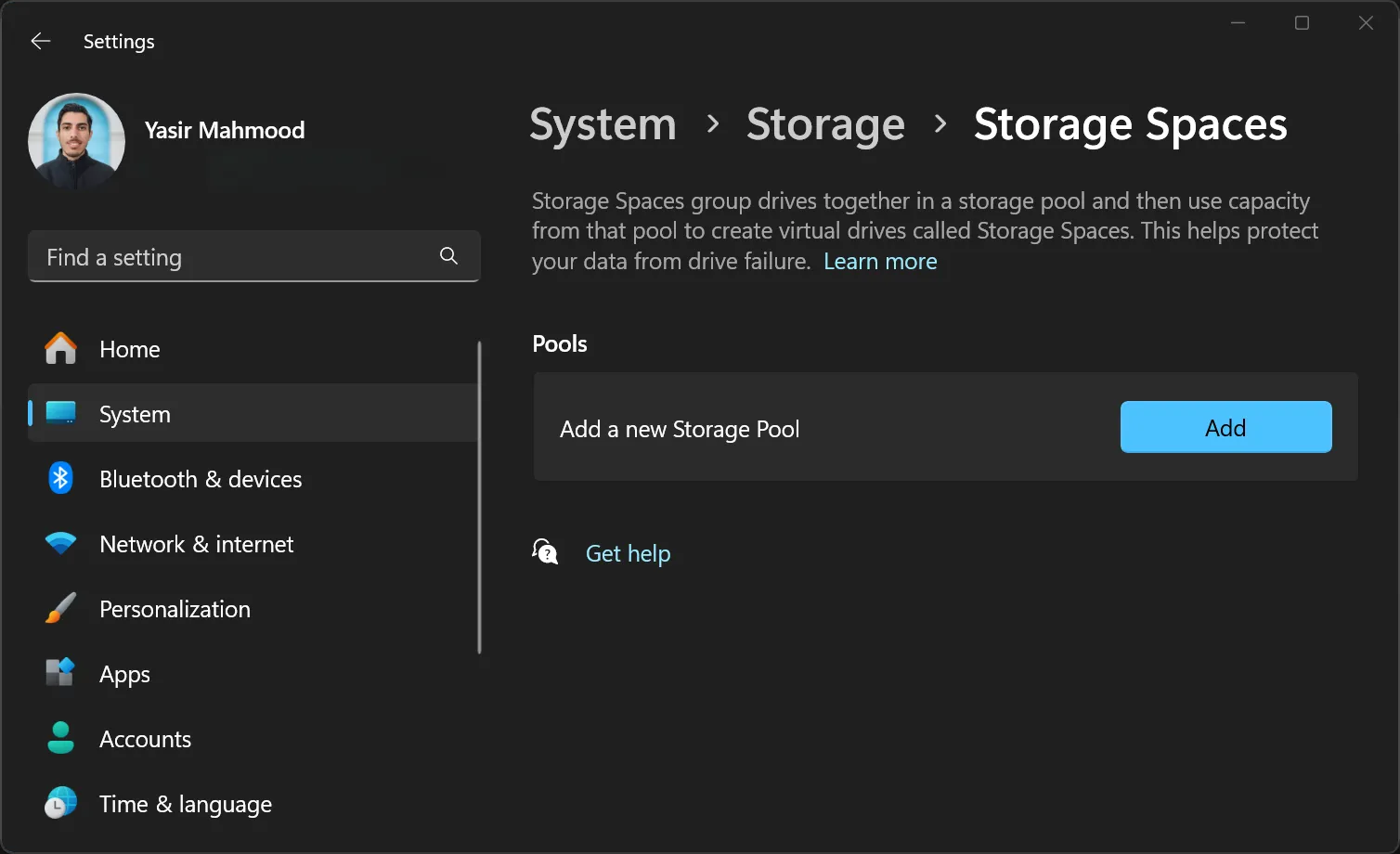 Tùy chọn tạo nhóm lưu trữ mới trong tính năng Storage Spaces của Windows.