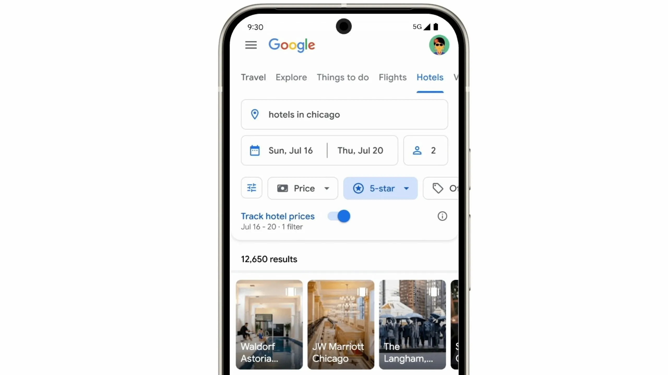 Tùy chọn Theo dõi giá khách sạn trên giao diện Google Hotels