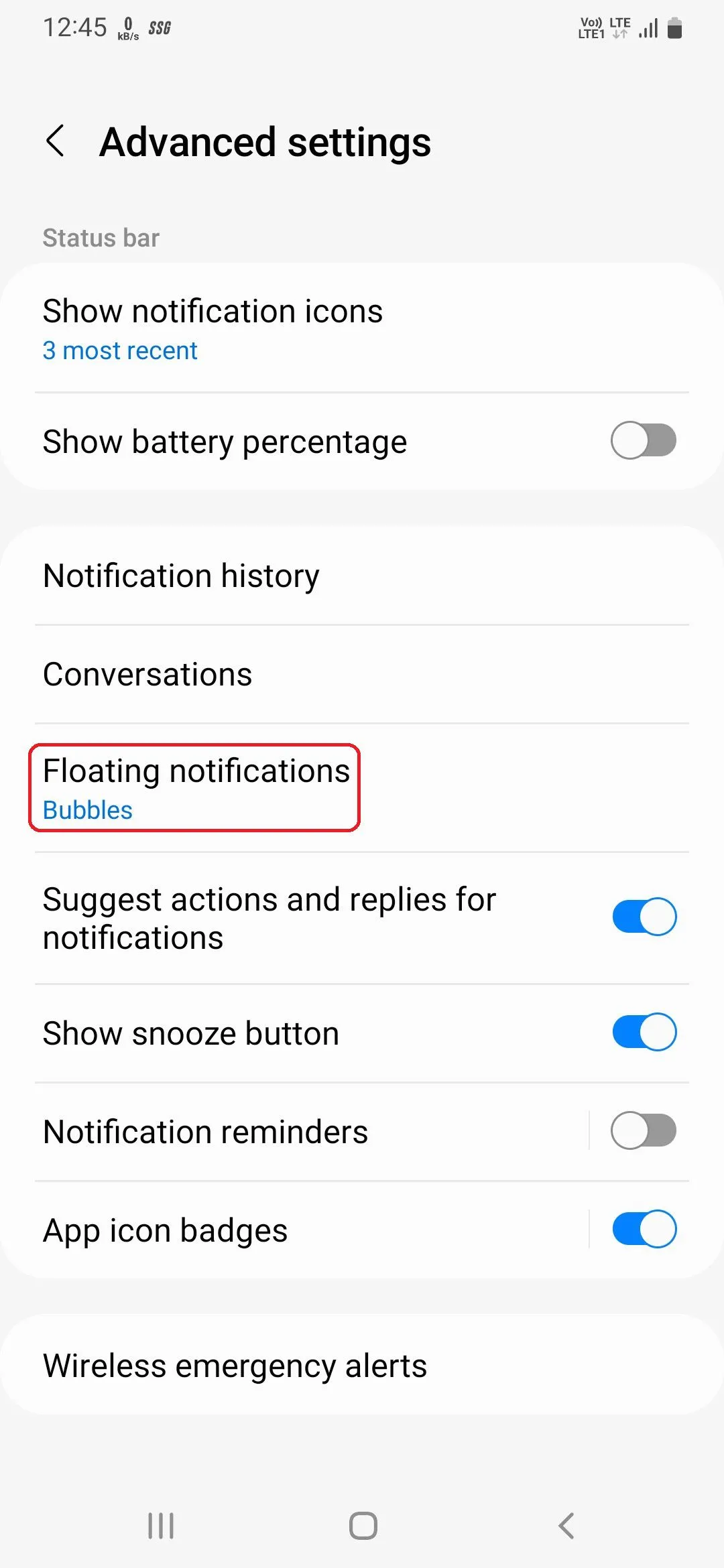 Tùy chọn Thông báo nổi trong cài đặt nâng cao của Samsung