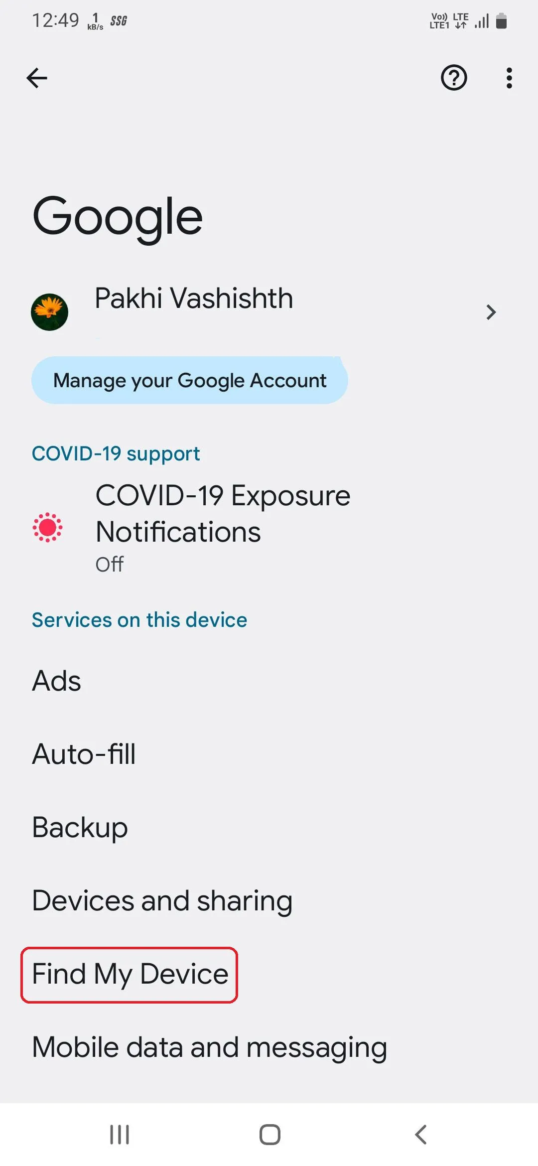 Tùy chọn Tìm thiết bị của tôi (Find My Device) trong cài đặt Google trên Samsung