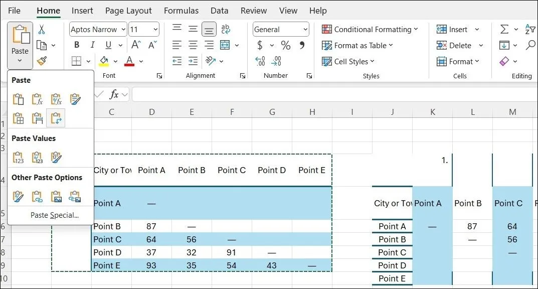 Tùy chọn Transpose trong Excel để đảo ngược hàng thành cột, hỗ trợ chuyển đổi dữ liệu bảng