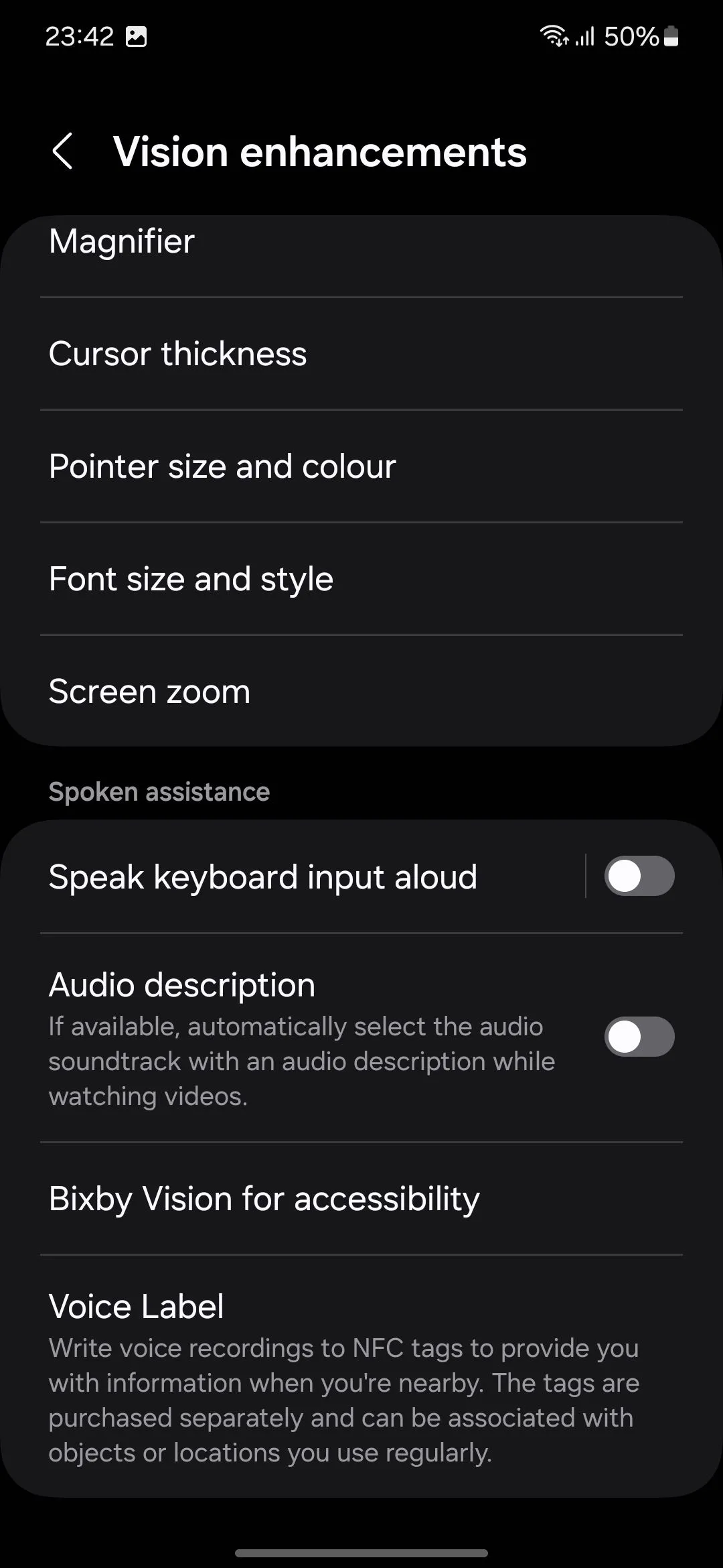 Tùy chọn trợ năng trong menu Cài đặt Samsung Galaxy, bao gồm các cải tiến thị giác