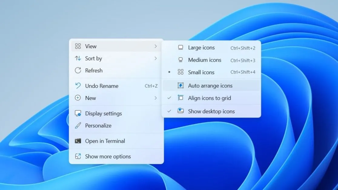 Tùy chọn &quot;Tự động sắp xếp biểu tượng&quot; (Auto arrange icons) trong menu ngữ cảnh của Desktop Windows, cho phép màn hình tự động căn chỉnh các icon gọn gàng.
