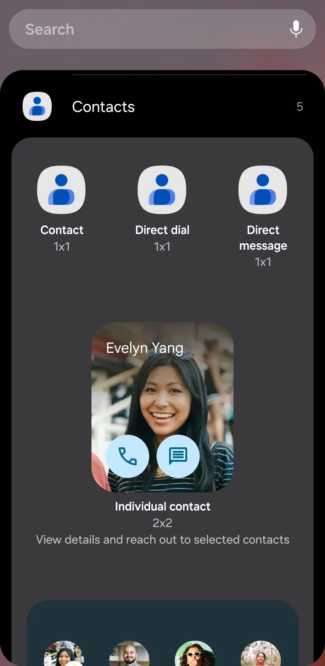 Tùy chọn widget của ứng dụng Google Danh bạ trên Android, bao gồm gọi nhanh và danh bạ yêu thích