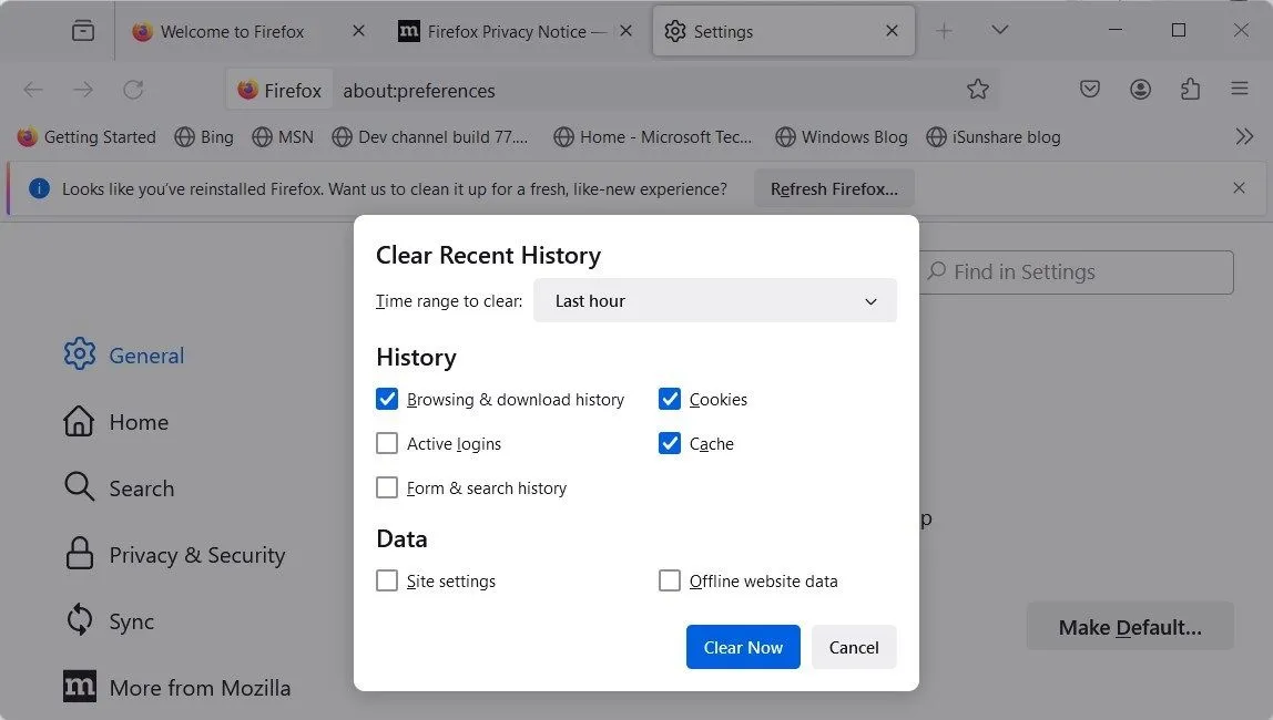 Tùy chọn xóa lịch sử duyệt web trên Mozilla Firefox