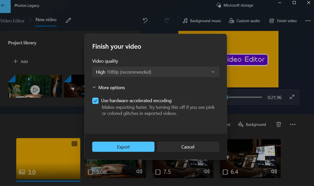 Tùy chọn xuất video trong ứng dụng Photos Legacy