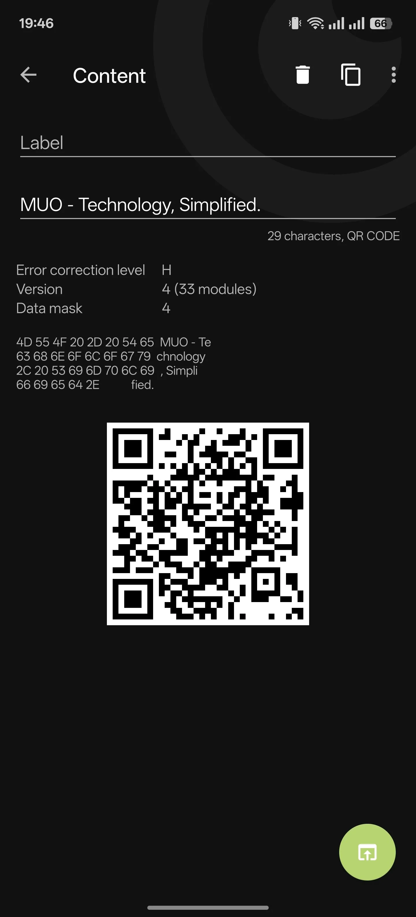 Ứng dụng Binary Eye hiển thị nội dung của mã QR đã quét.