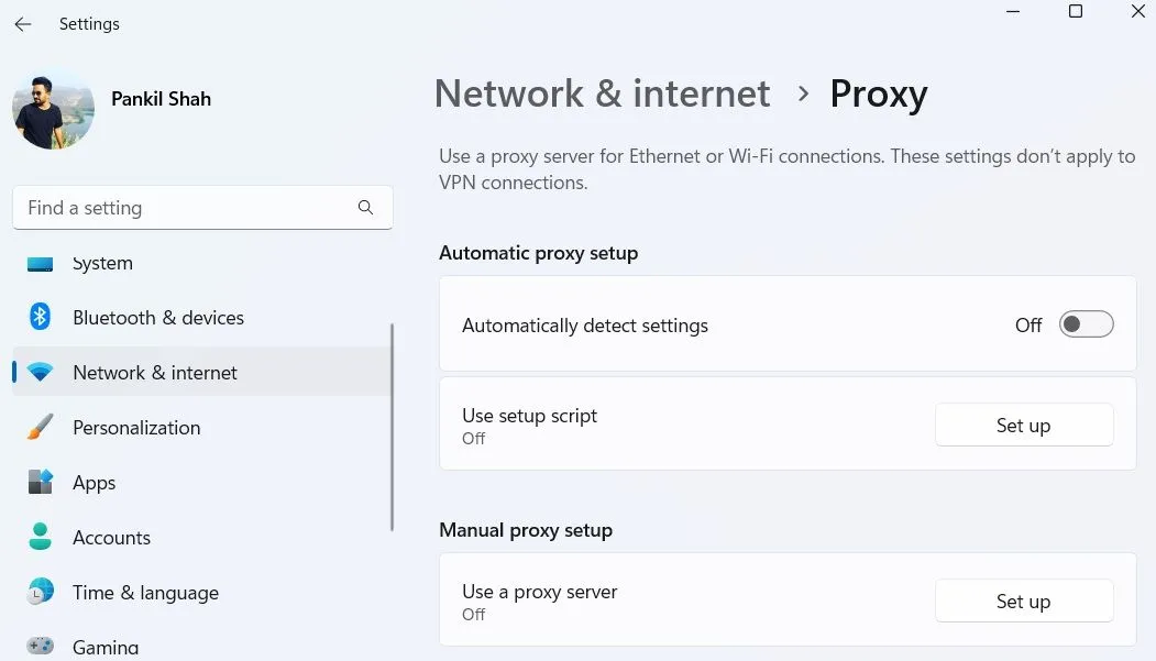 Ứng dụng Cài đặt của Windows 11 hiển thị nút chuyển đổi &quot;Tự động phát hiện cài đặt&quot; proxy đã được tắt.