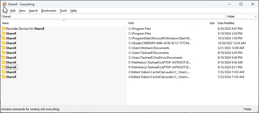 Ứng dụng Everything trên Windows 11 hiển thị kết quả tìm kiếm cho cụm từ &quot;ShareX&quot; với tốc độ cực nhanh