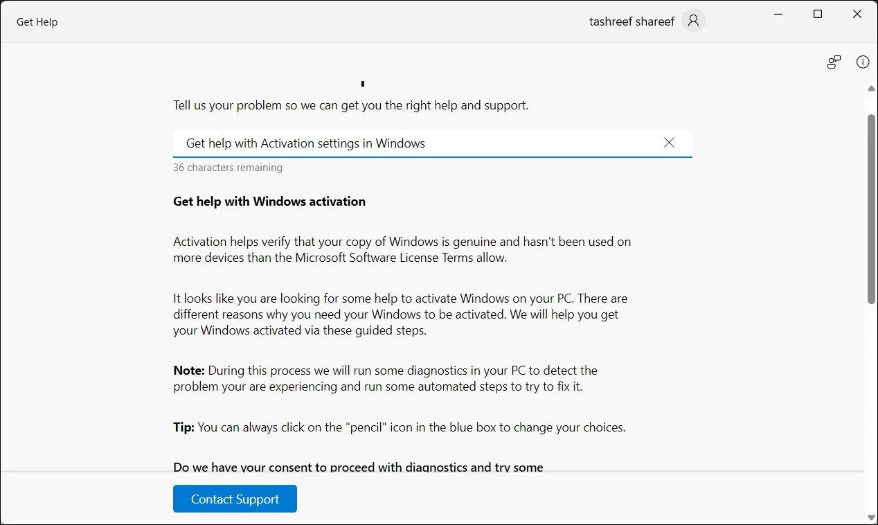 Ứng dụng Get Help trên Windows 11 với tùy chọn liên hệ hỗ trợ