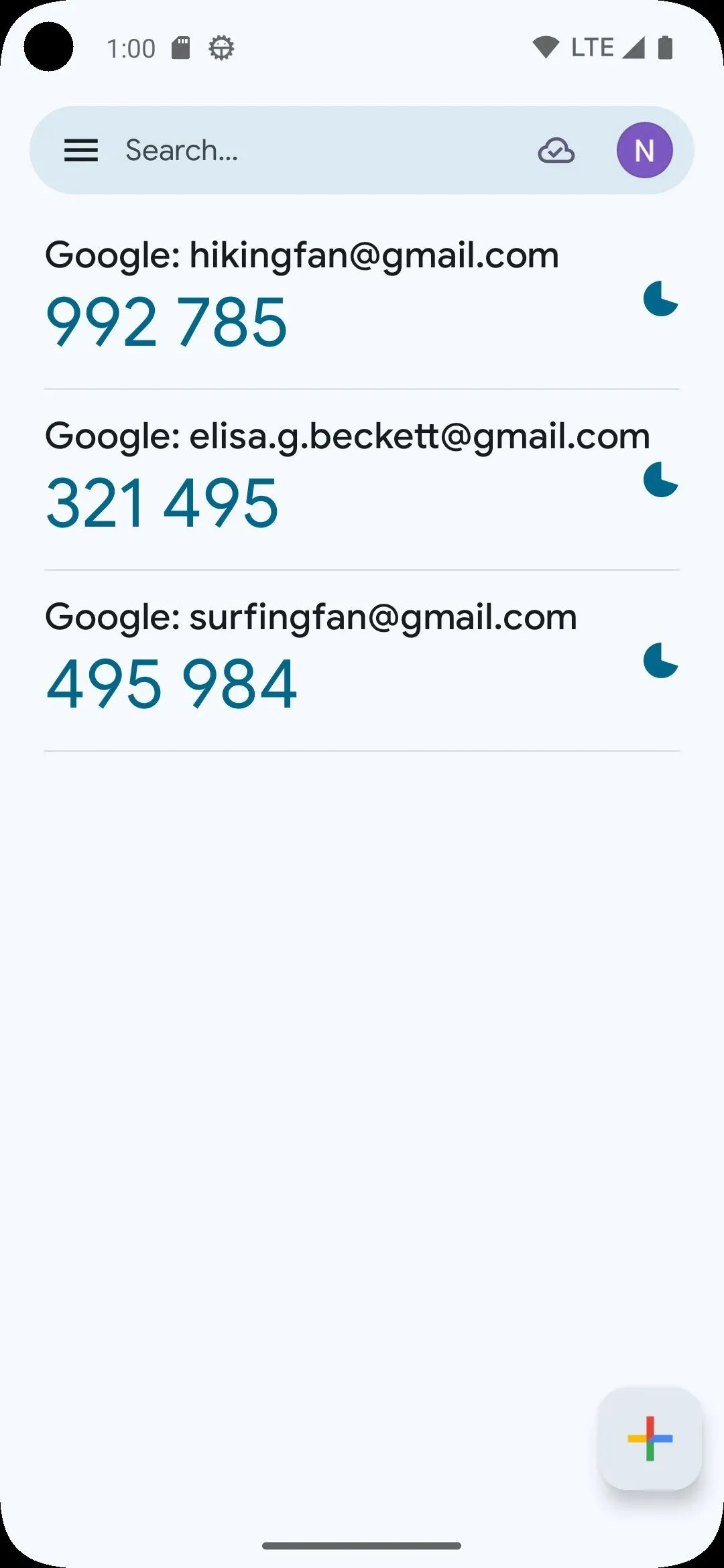 Ứng dụng Google Authenticator hiển thị các mã bảo mật trên Android