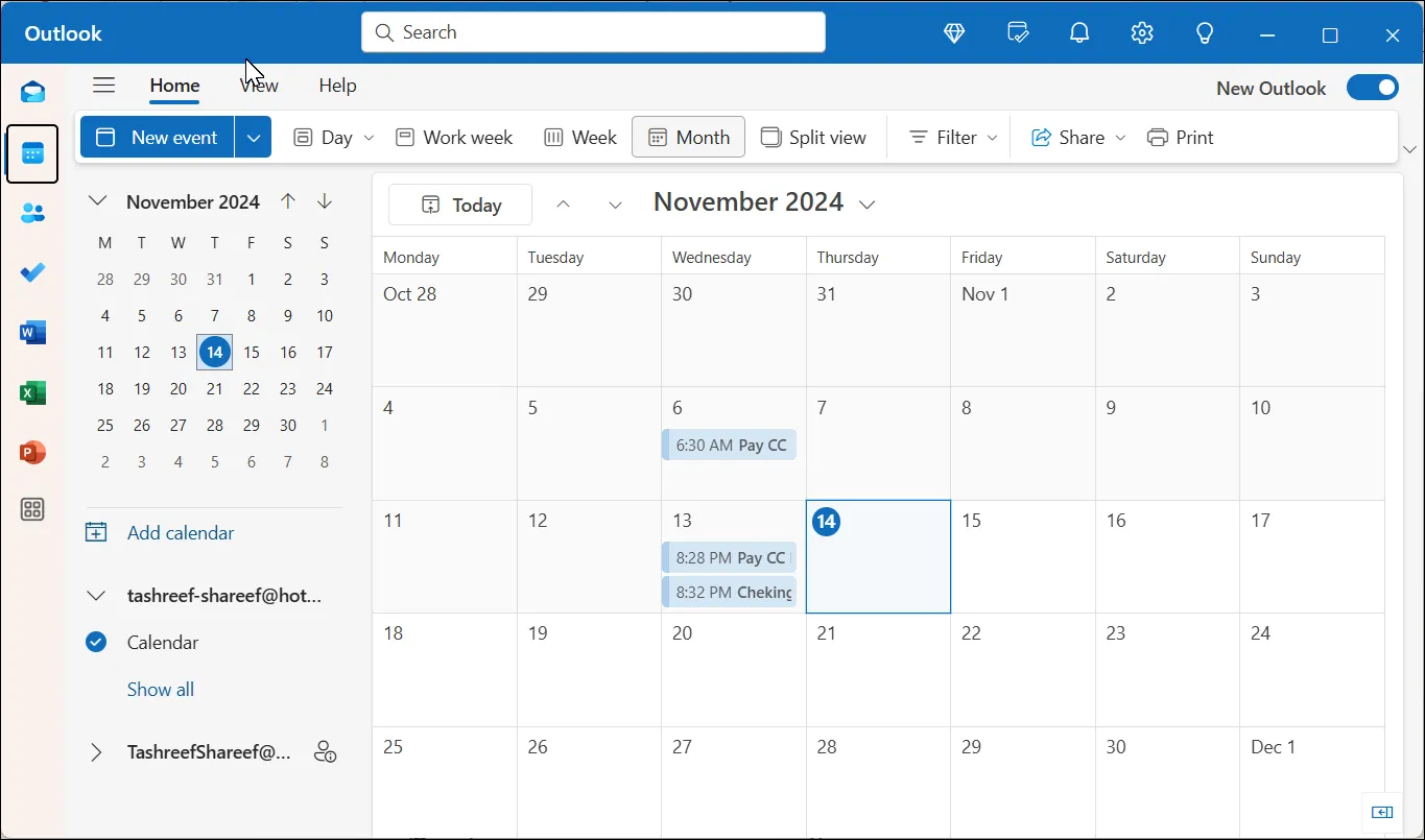 Ứng dụng Lịch trong Microsoft Outlook trên Windows 11 hiển thị các cuộc hẹn và nhắc nhở