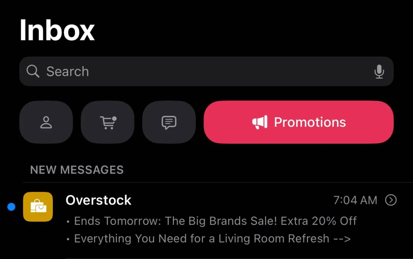 Ứng dụng Mail Apple với các danh mục như "Promotions" và email từ Overstock