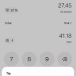 Ứng dụng máy tính Samsung hiển thị giao diện tính tiền tip và chia hóa đơn