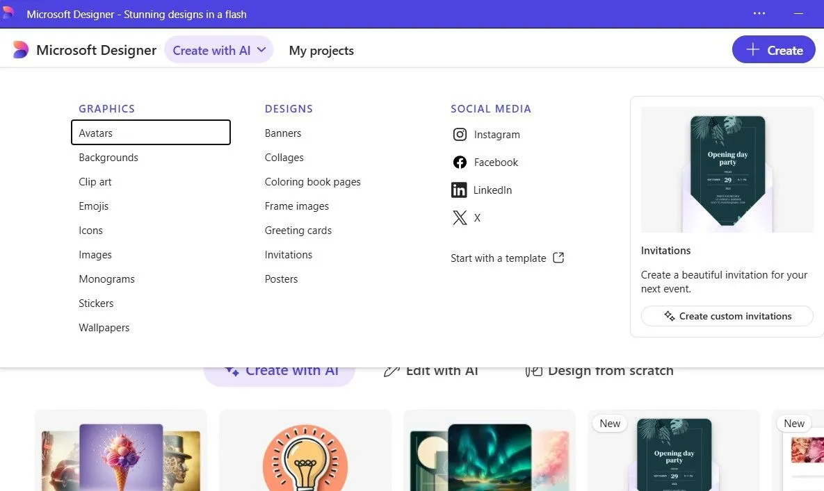Ứng dụng Microsoft Designer với tùy chọn &quot;tạo bằng AI&quot; để thiết kế đồ họa