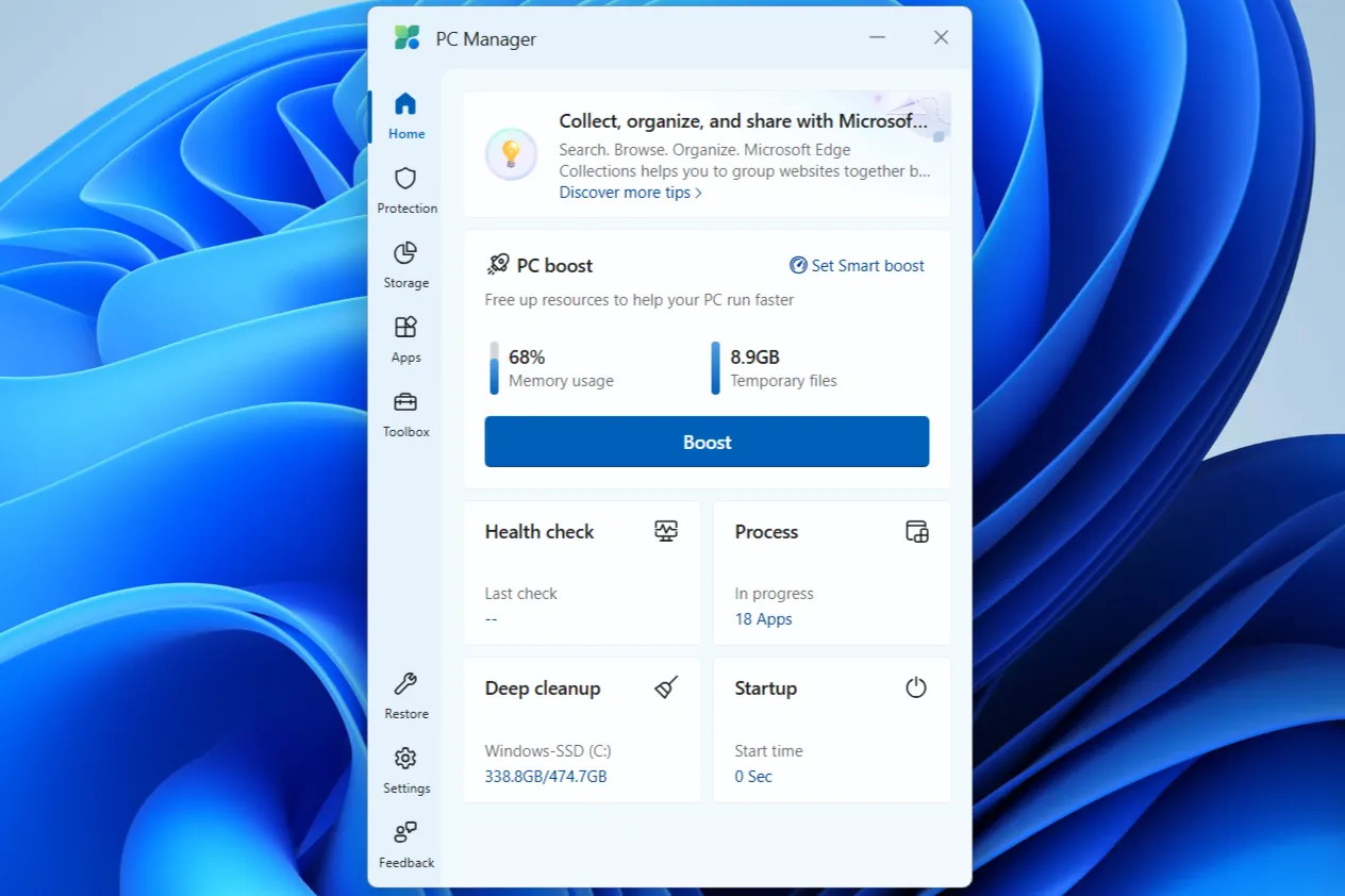 Ứng dụng Microsoft PC Manager hiển thị tùy chọn &quot;PC Boost&quot; để tối ưu hiệu suất máy tính