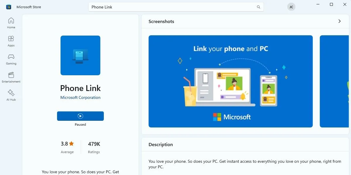 Ứng dụng Microsoft Phone Link trên Microsoft Store, minh họa khả năng đồng bộ hóa điện thoại Android và iOS với Windows