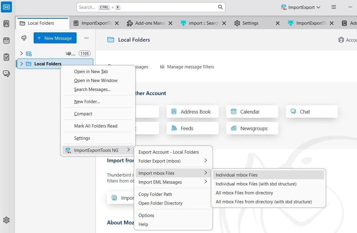 Ứng dụng Mozilla Thunderbird hiển thị tùy chọn nhập tệp MBOX thông qua ImportExportTools NG
